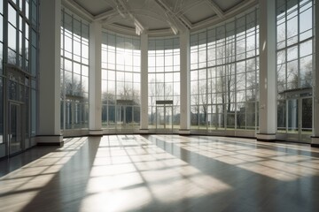 an empty room with natural light streaming in through large windows and wooden floors. Generative AI
