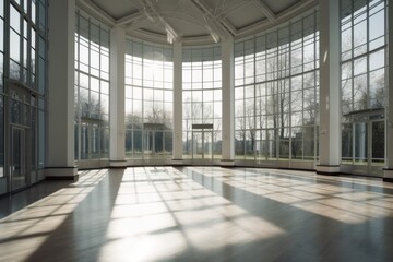 Fototapeta premium an empty room with natural light streaming in through large windows and wooden floors. Generative AI