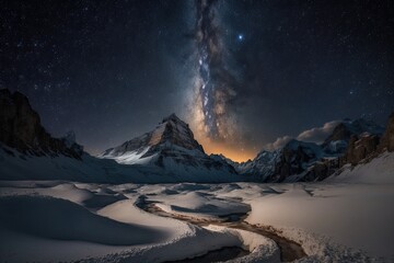 Milky Way, the Andromeda galaxy, and the Dreischusterspitze mountain of the Italian Alps. Generative AI