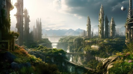 Fototapeta premium Solarpunk futuristic glass city and nature. Generative AI