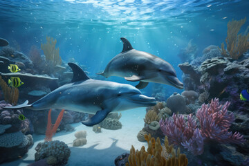 Obraz na płótnie Canvas Celebrate World Oceans Day with a beautiful image of a bottlenose dolphin swimming among the tropical fish and colorful coral reefs of Egypt's stunning Red Sea.