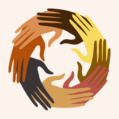 Obraz premium Group of hands in a circle of multiethnic diverse people.People of different cultures.Concept against racism. Cooperation trust help and support.Diversity people.Community.Agreement between colleagues