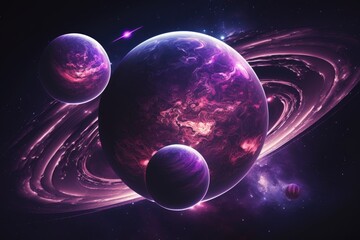 Obraz na płótnie Canvas planets in galaxies. a purple disk containing three planets. Generative AI