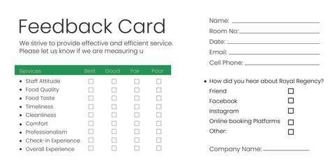 Customize Free Feedback Card templates for hotel and restaurant business