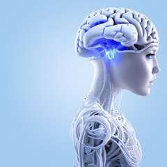 Obraz premium Girl seen in profile, robotically modified, cyborg with human features. Brain and connections. Latest generation robots. Robotic implants. Advanced surgery. Generative AI technology