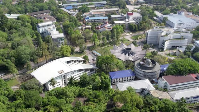 Petaling Jaya, Malaysia - April 8, 2023 Aerial view of the Business and Economics University Malaya faculty building.