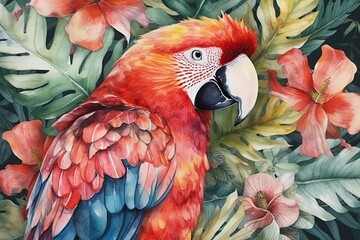 vibrant parrot perched amidst a garden of colorful flowers. Generative AI