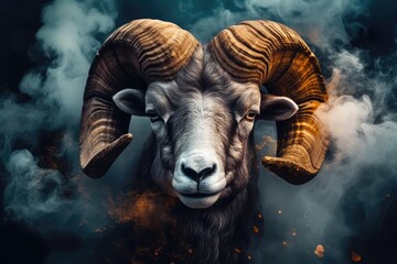 majestic ram with huge horns standing amidst billowing smoke. Generative AI - obrazy, fototapety, plakaty