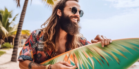 Surfer man with surfboard on the beach. Handsome young male athlete holding surf board with wet hair on summer beach sport holiday. Surfing lifestyle. digital ai art