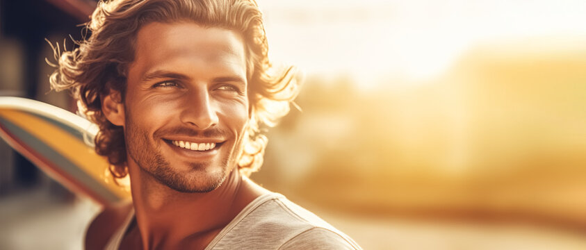 Sexy Surfer Man With Surfboard On The Beach. Handsome Young Male Athlete Holding Surf Board With Wet Hair On Summer Beach Sport Holiday. Surfing Lifestyle. Digital Ai Art