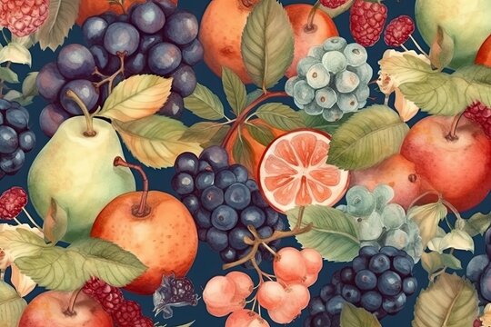 still life painting featuring various fruits on a vibrant blue background. Generative AI
