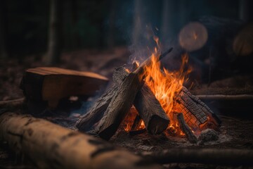 Fototapeta premium Campfire in the forest at night. Generative AI.