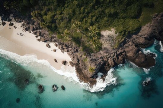 Aerial view of island beach. Generative AI.