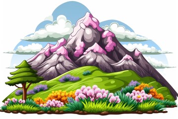 Cartoon mountain picture with white clouds, spring flowers, and a sky that is pink and purple. picture. Generative AI