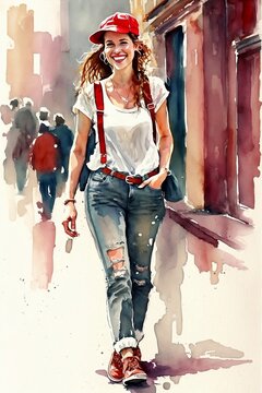 A young woman, unconventionally pretty, smiling, red suspenders, white t-shirt, watercolor, Generative AI