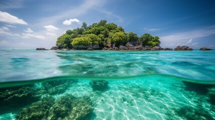 Fototapeta na wymiar A tropical island paradise with crystal clear waters Generative AI