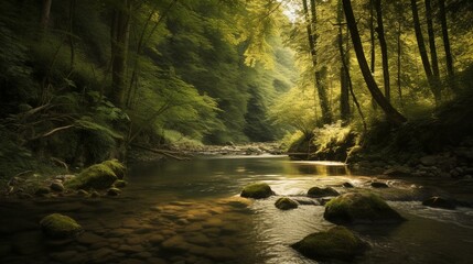 Fototapeta na wymiar A tranquil river flowing through a forest Generative AI