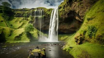 A majestic waterfall surrounded by lush greenery Generative AI