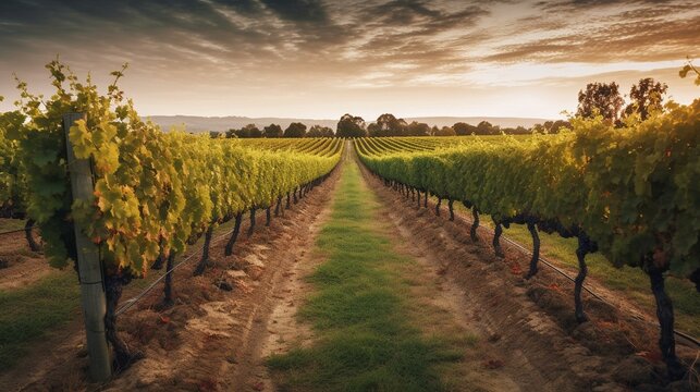 A picturesque vineyard with rows of grapevines Generative AI