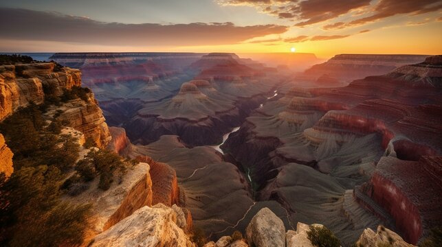 A stunning view of the Grand Canyon at sunset Generative AI
