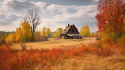 A colorful autumn landscape with a rustic barn Generative AI