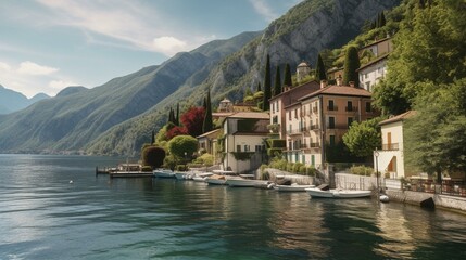 Fototapeta na wymiar A charming lakeside village with sailboats on the water Generative AI