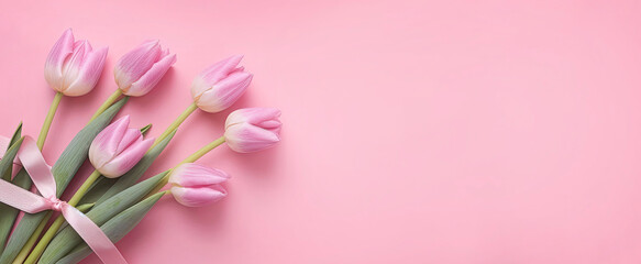 Fototapeta na wymiar Pink tulips on pink background banner, Space for text. AI generative