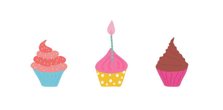 Cute multicolored cream cupcakes of different flavors and colors with a candle. Hand-drawn vector clip-art set for decorating desserts.