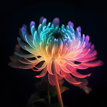  Luminogram holographic flower of dahlia on black background,  vivid colors, generative ai