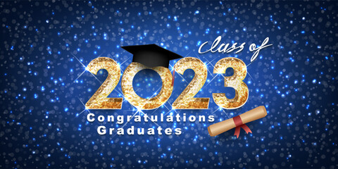 Vector text for graduation gold design, congratulation event, T-shirt, party, high school or college graduate. Lettering Class of 2023 for greeting, invitation card
