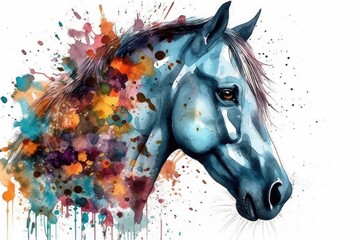 horse's head with abstract paint splatters. Generative AI