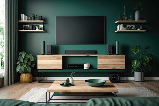 Television Shelves in a Modern Green Room. Generative AI
