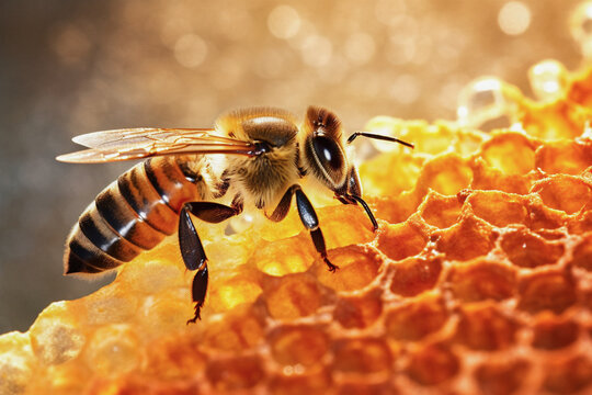 Honigbiene auf Wabe im Gegenlicht