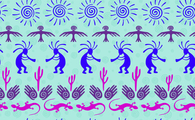 Kokopelli with flute, pangolin, hawk, sun symbol, hands and plant tribal vector seamless pattern.