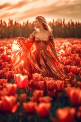 Fototapeta premium KI generated, Fairy-like dancer in a dreamlike dress dances in the tulip field.