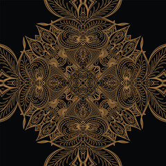 Gold and black background with a floral pattern.