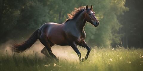 majestic horse galloping through serene meadow symbolizing freedom strength and beauty of nature, created with Generative AI technology