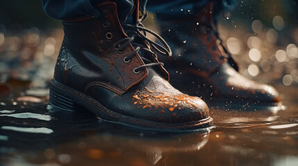 Stylish men's shoes close-up in a puddle, shoe advertising concept. Al generated