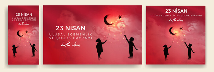23 Nisan Ulusal Egemenlik ve Çocuk Bayramı Kutlu Olsun. (23rd April. national sovereignty and children's day) happy birthday. Boy and girl silhouettes with balloon moon and star icons. Atatürk günü.
