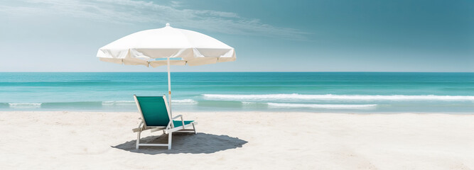 Leerer Liegestuhl mit Sonnenschirm am Meer. Generative AI