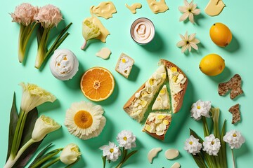 Over a colorful background, narcissus flowers and food are collaged. Generative AI