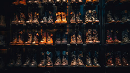 Assortment of men's shoes on a shelf in a store. Al generated