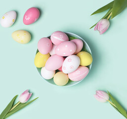 Fototapeta na wymiar Happy Easter. Happy Easter wallpapers. Easter eggs and flowers.
