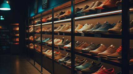 Assortment of men's running shoes in a shop window. Al generated