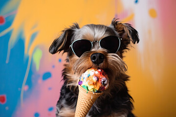 Dog Wearing Sunglasses and Eating an Ice Cream Cone on a Colorful Background (Generative AI)