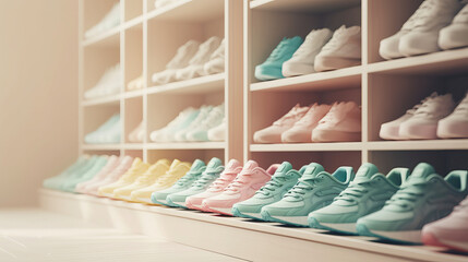 Assortment of women's sneakers in a shop window. Al generated