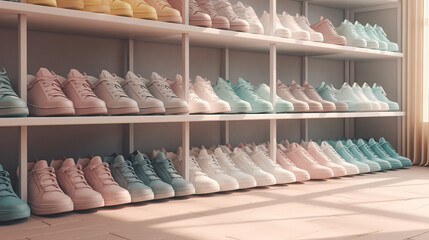 Assortment of women's sneakers in a shop window. Al generated