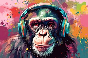 Chimpanzee Wearing Head[phones and Listening to Music on a Colorful Background (Generative AI)