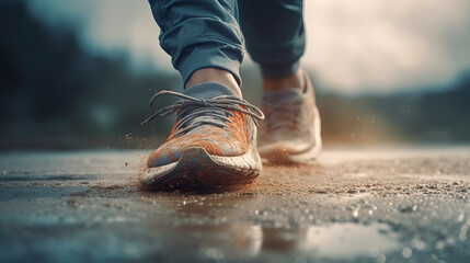 Sports background. Runner feet running on road closeup on shoe. Al generated