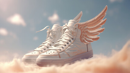 Stylish white flying sneakers, advertising concept. Al generated